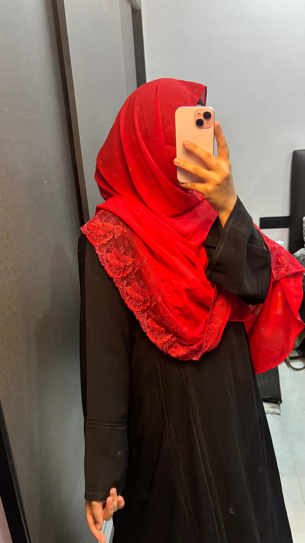 Red Floral Lace Chiffon Hijab