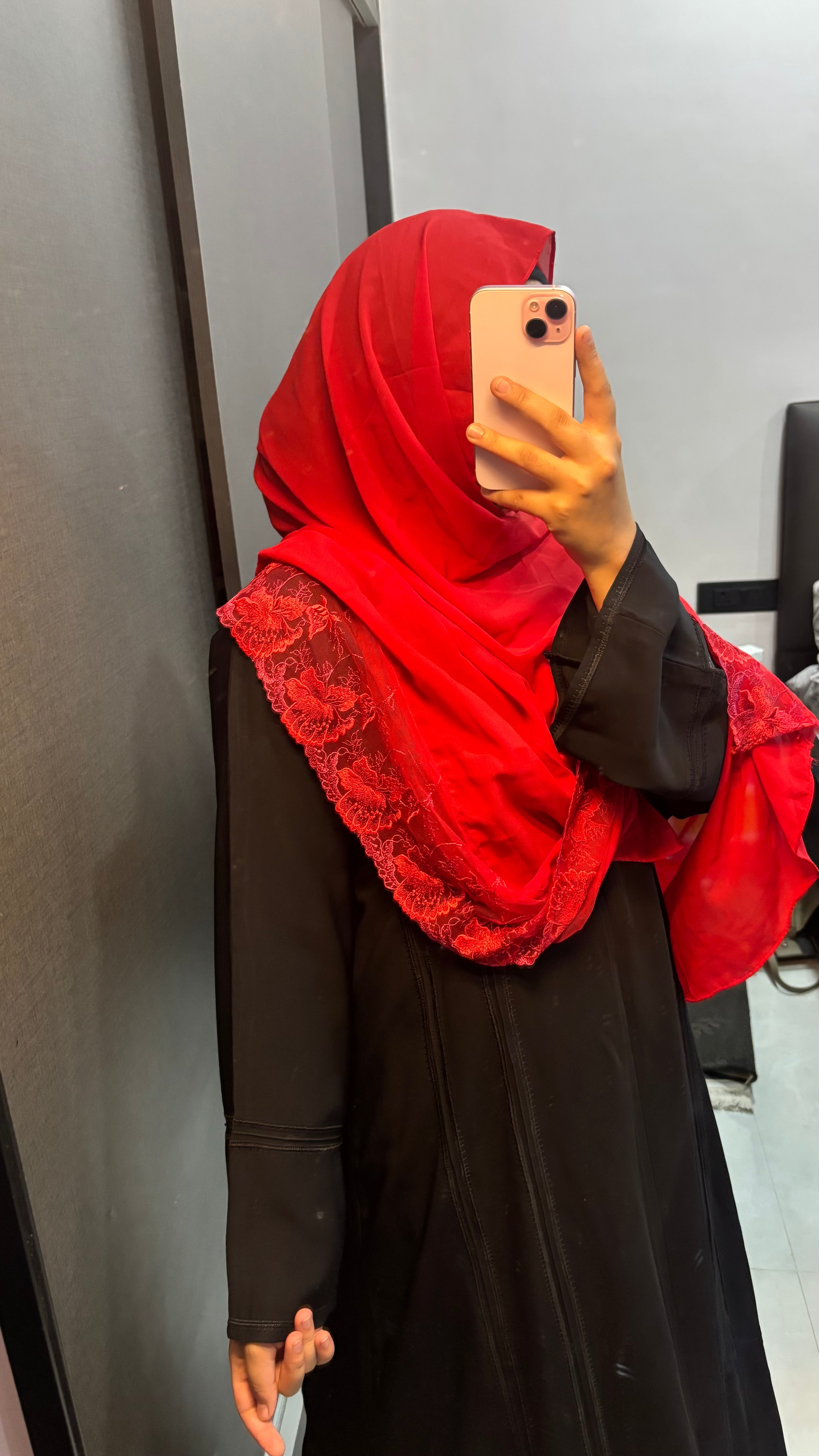 Red Floral Lace Chiffon Hijab