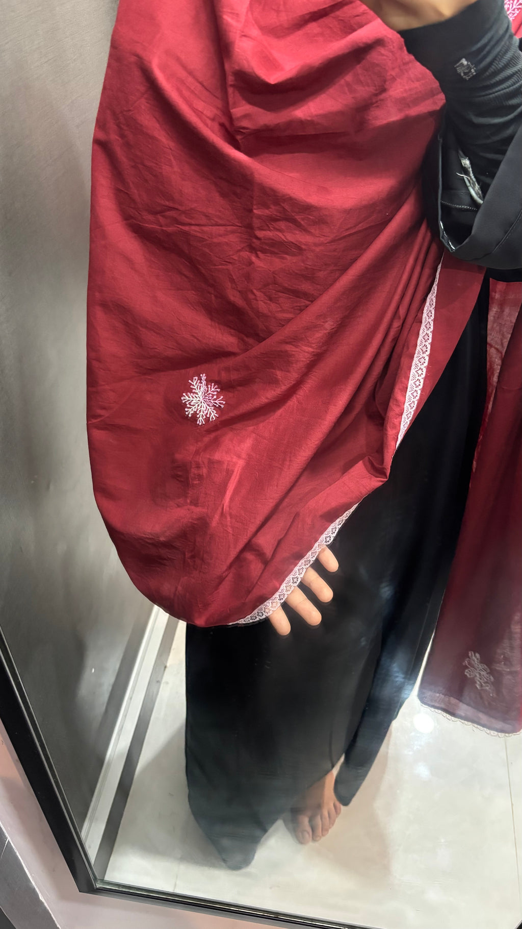 Maroon & Baby Pink Snowflakes Lace Pure Cotton Dupatta