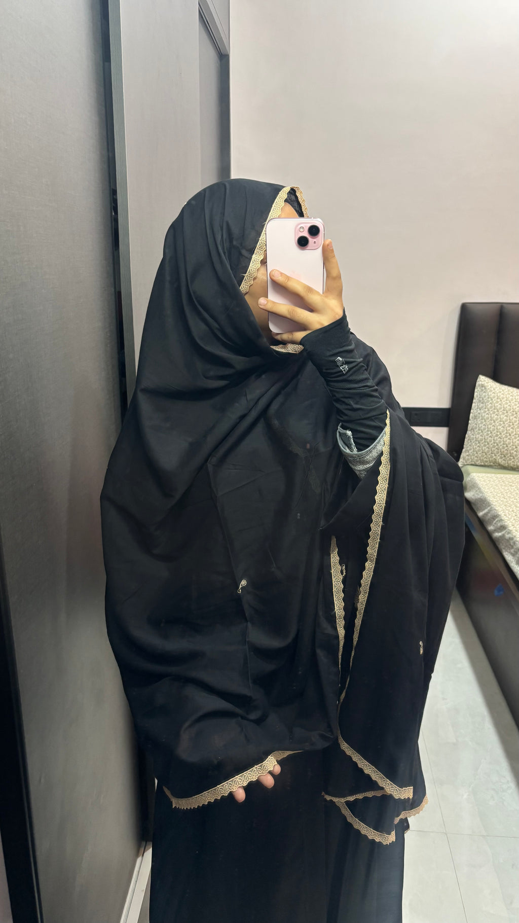 Black & beige Organza lace Pure Cotton Dupatta