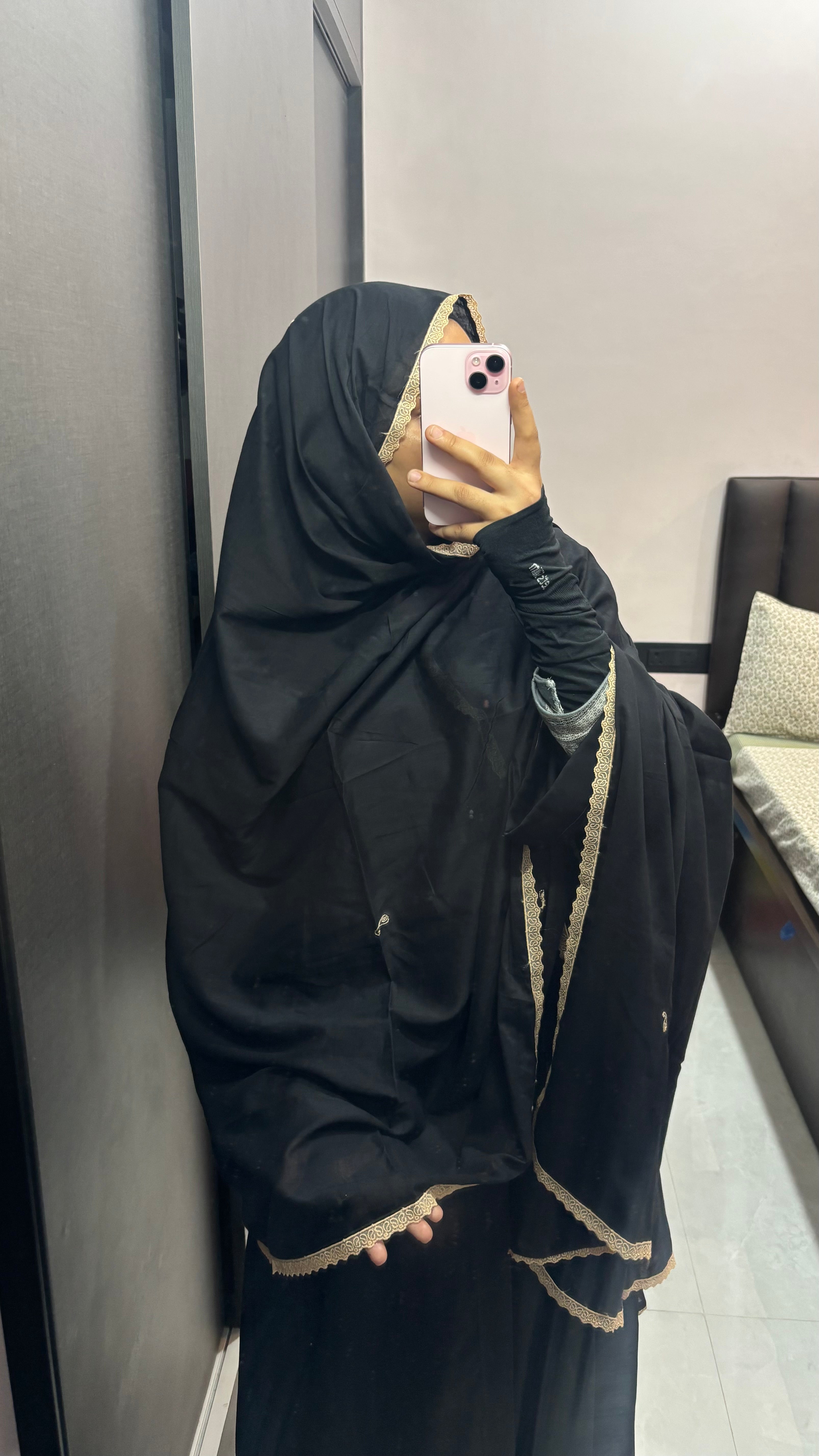 Black & beige Organza lace Pure Cotton Dupatta