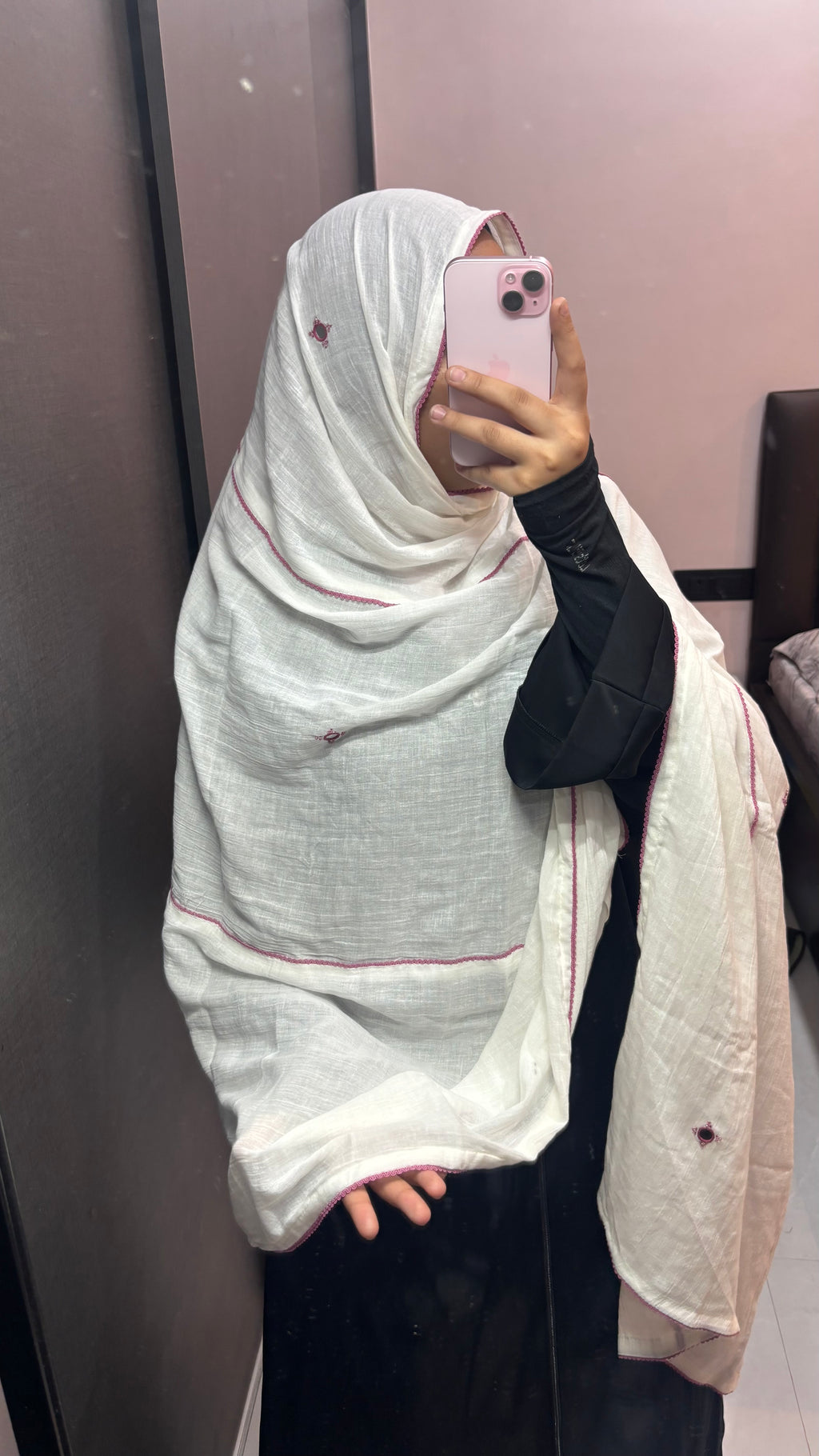 White & Pink Designer Embroidered Pure Cotton Dupatta