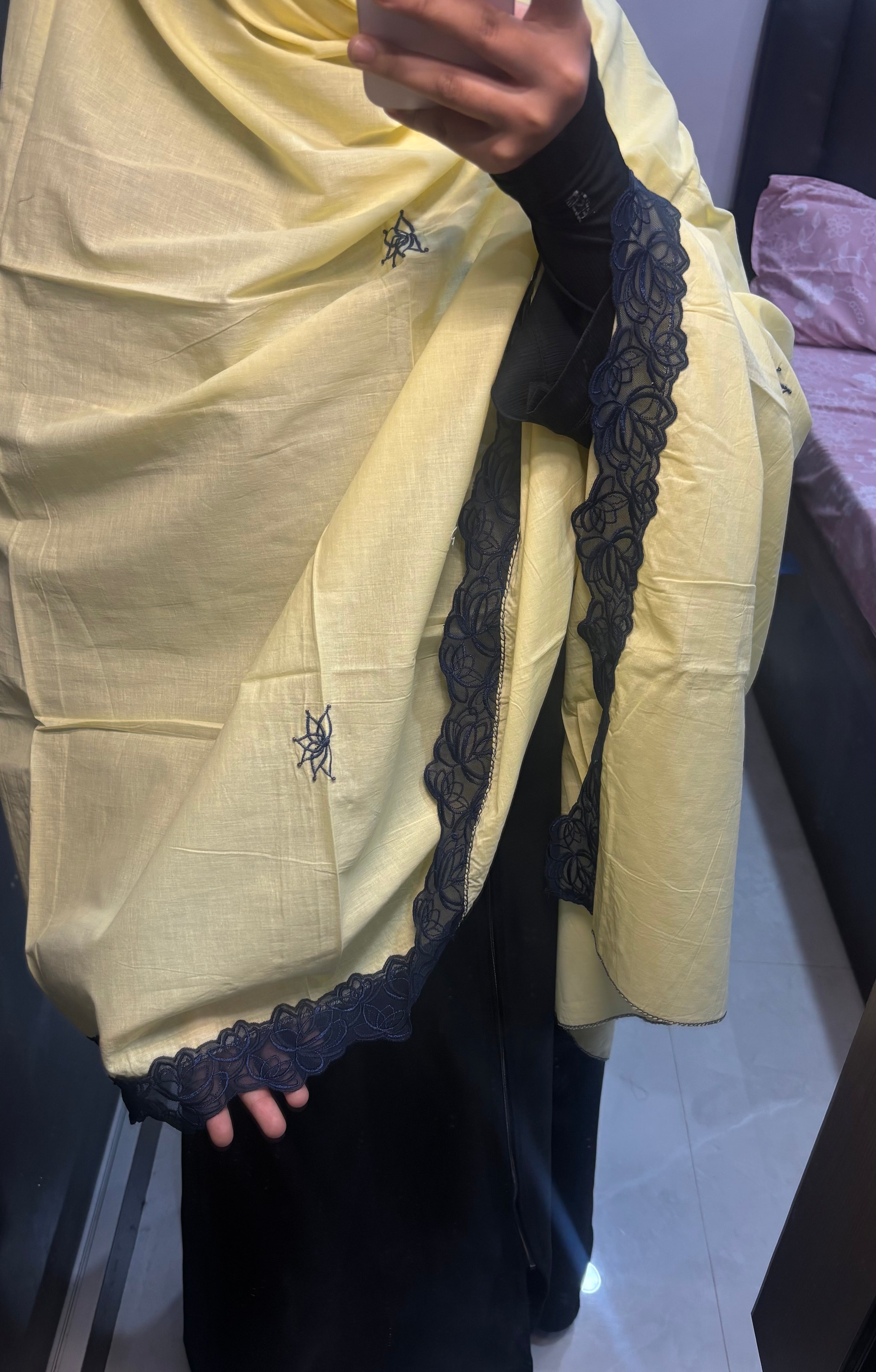 Yellow and Navy Blue Embroidered Dupatta