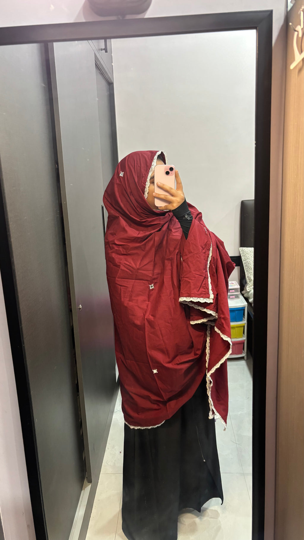 Maroon Mirror Work Big Dupatta/Chadar