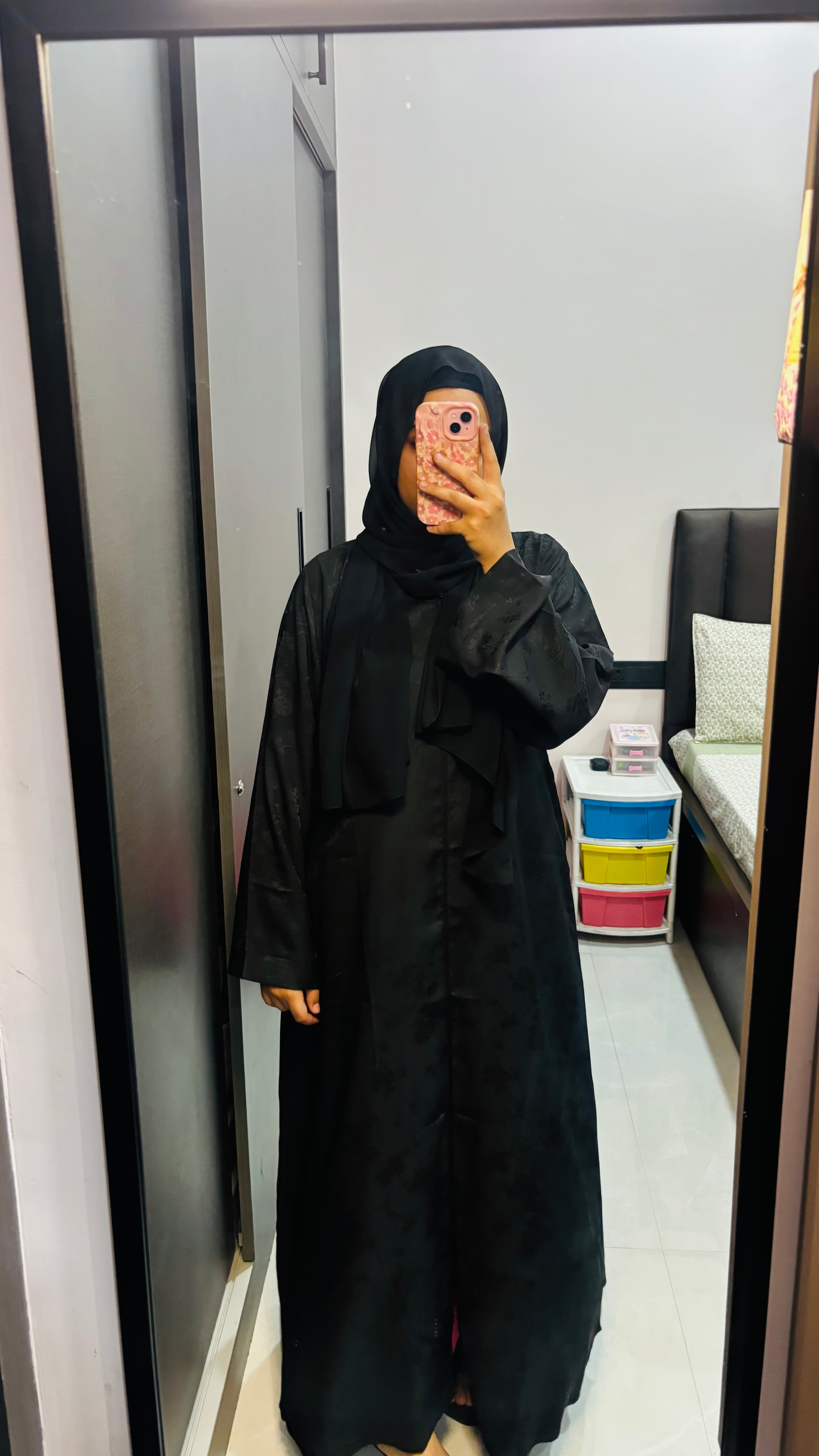 Imported Self Floral Print Abaya - Front Closed