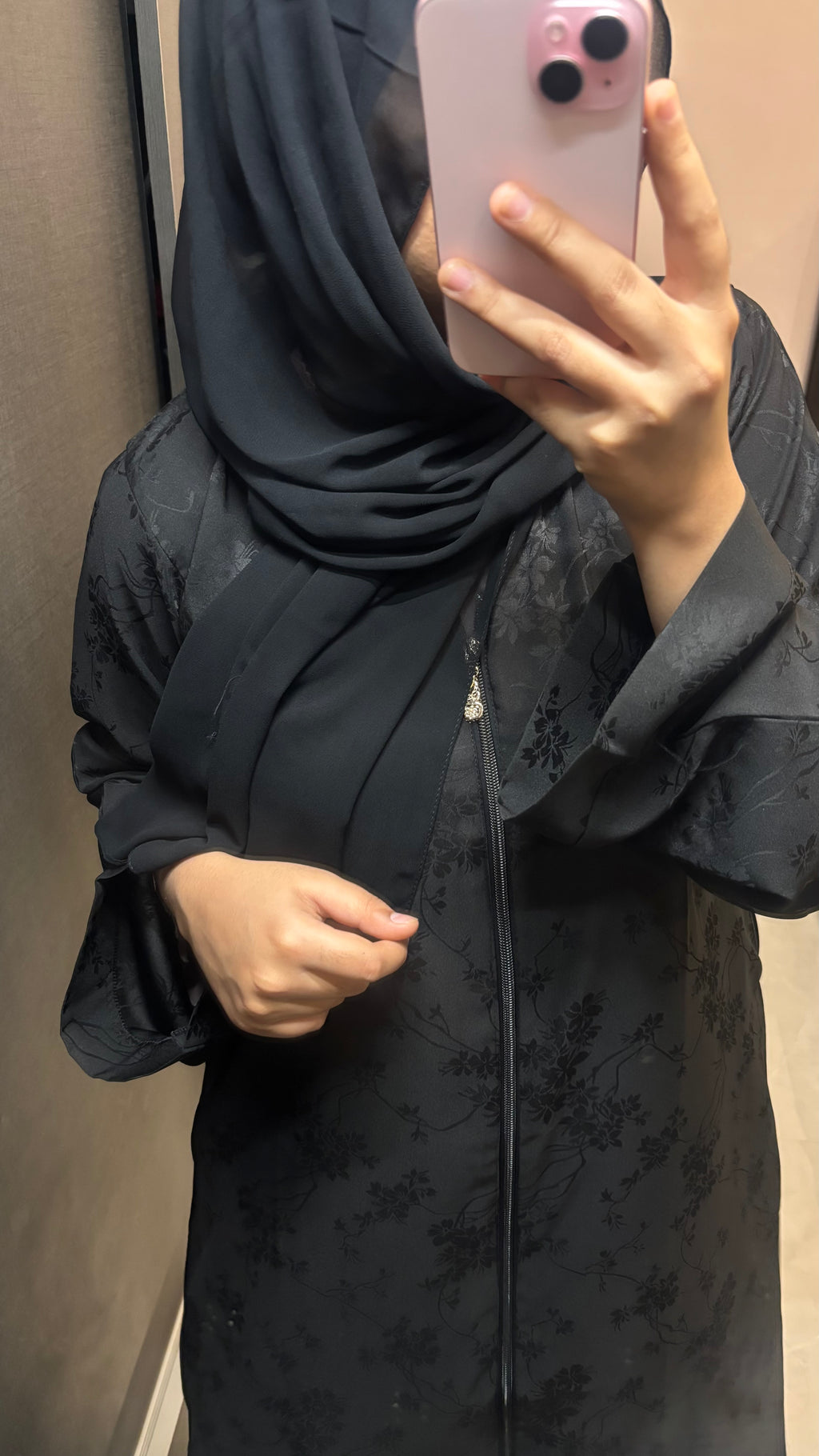 Imported Self Floral Print Abaya - Front Open Zip