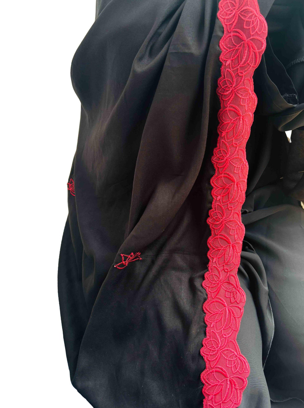 Black soft rayon dupatta with Maroon embroidery & lace