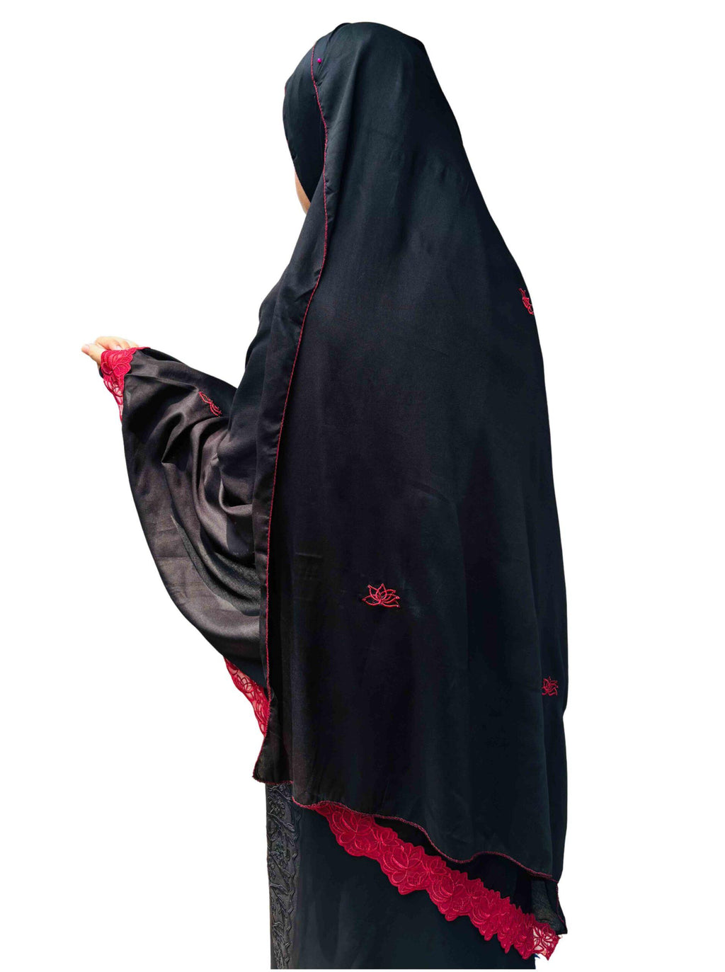 Black soft rayon dupatta with Maroon embroidery & lace