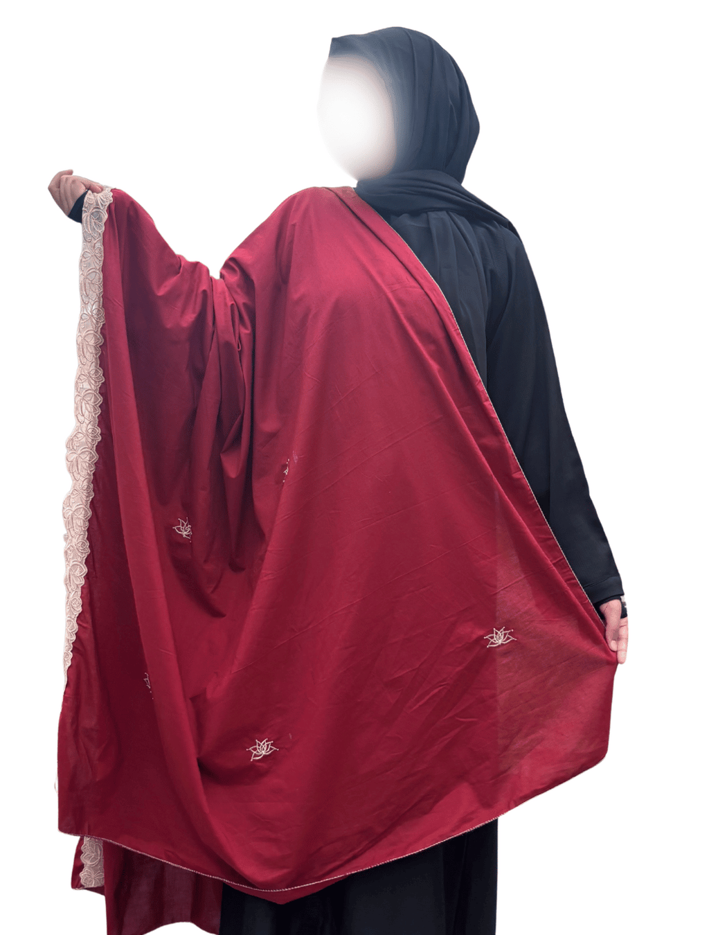 Maroon Cotton Embroidered dupatta with beige lace