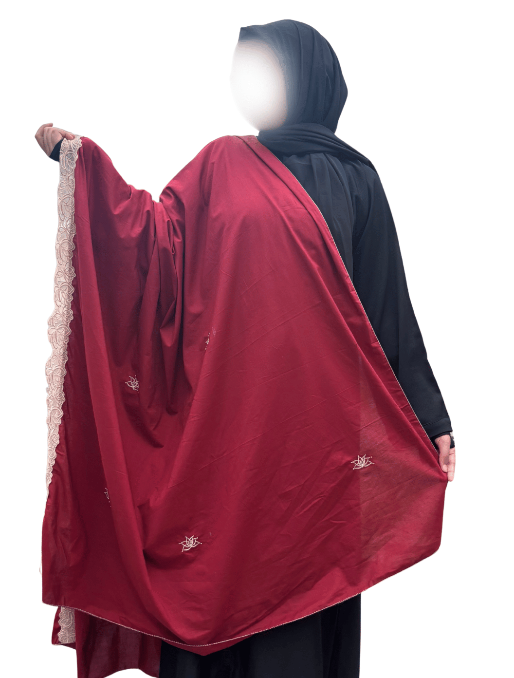 Maroon Cotton Embroidered dupatta with beige lace