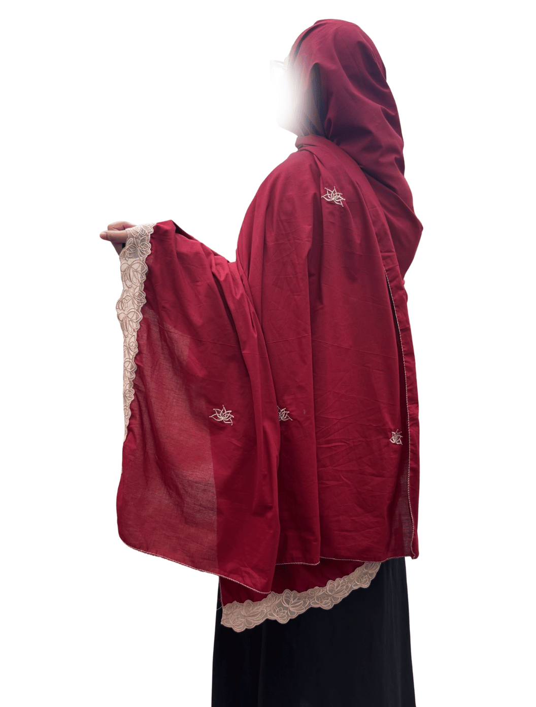 Maroon Cotton Embroidered dupatta with beige lace