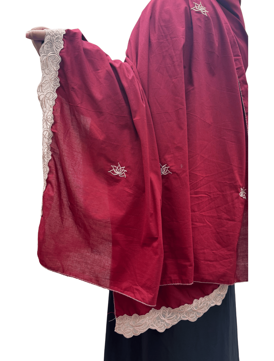 Maroon Cotton Embroidered dupatta with beige lace