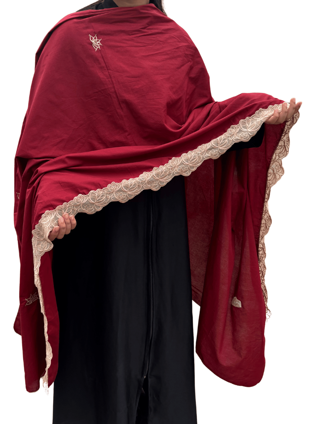 Maroon Cotton Embroidered dupatta with beige lace