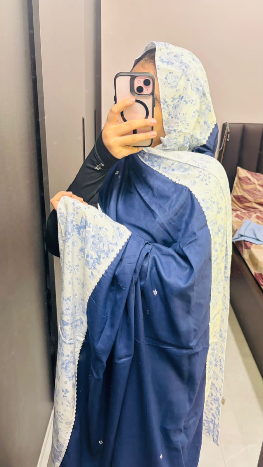 Designer Blue dupatta with floral print border, elegant hand work and lace