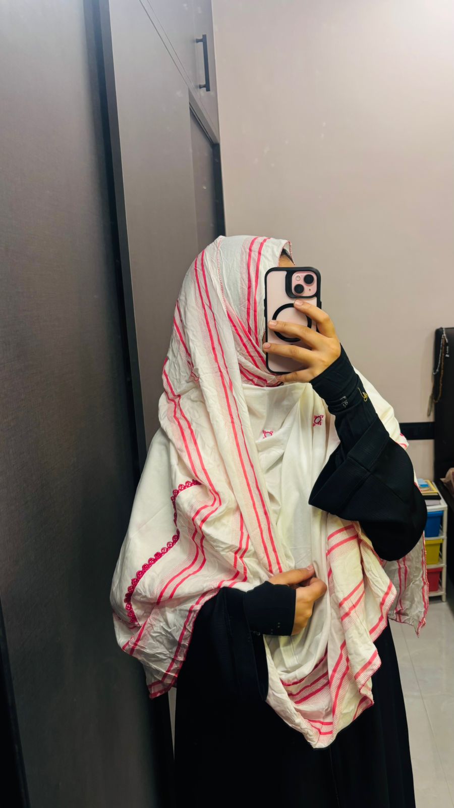Pink & White lining print Designer Embroidered dupatta, with Minimal hand work.