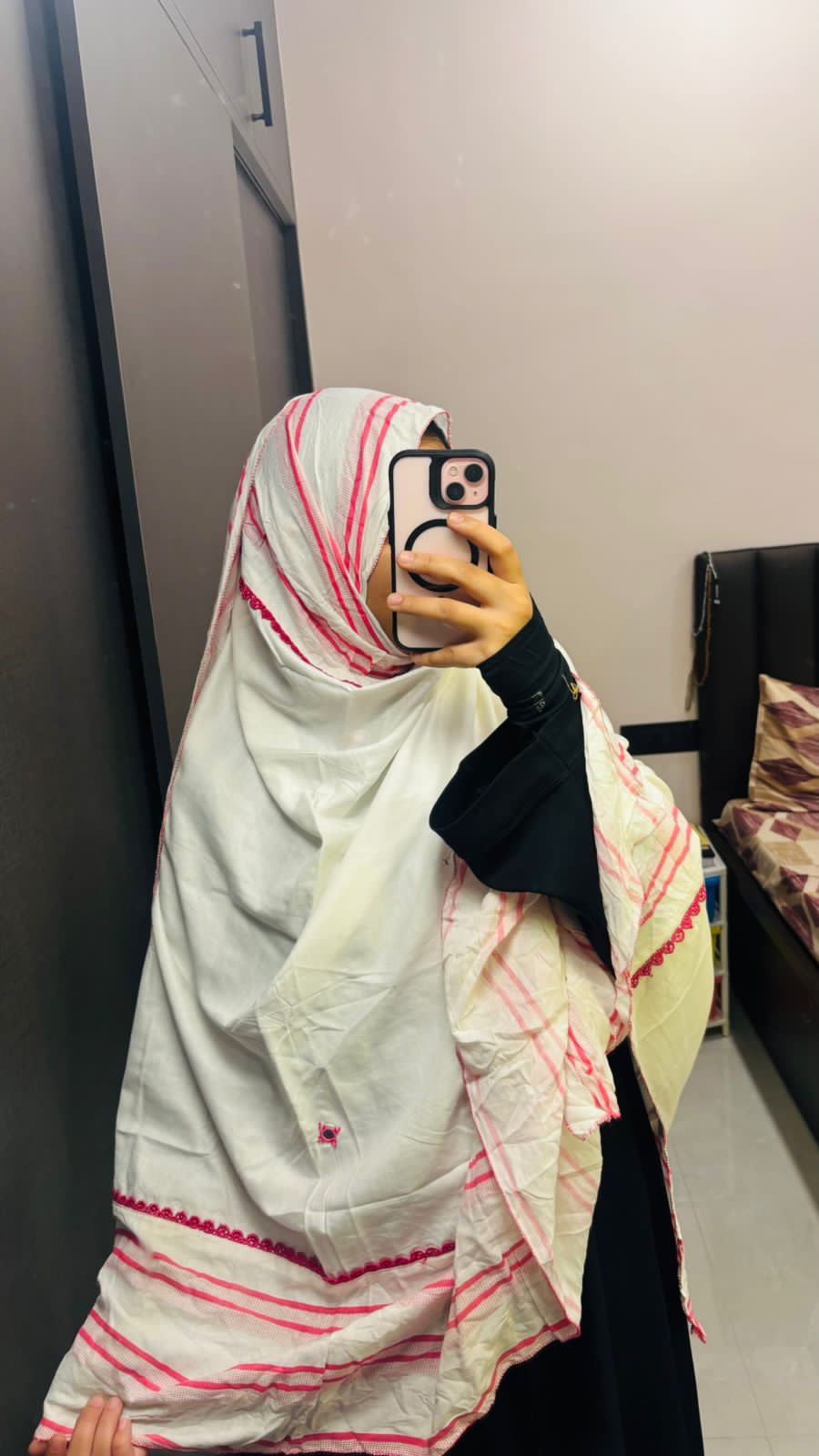 Pink & White lining print Designer Embroidered dupatta, with Minimal hand work.