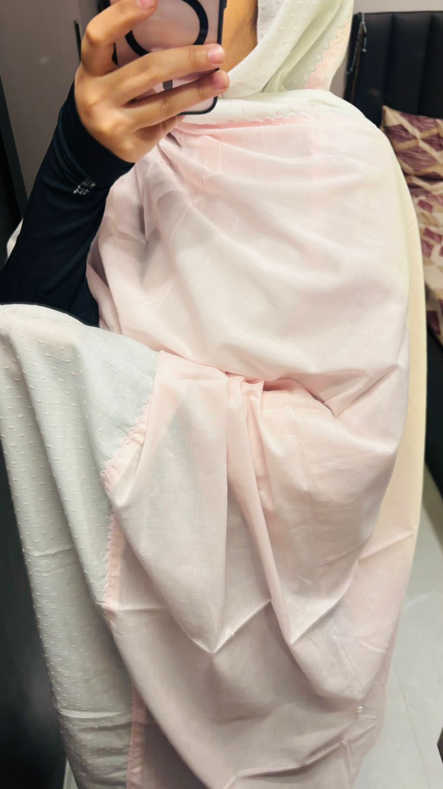 White & Baby Pink Designer embroidered dupatta with lace & handwork.