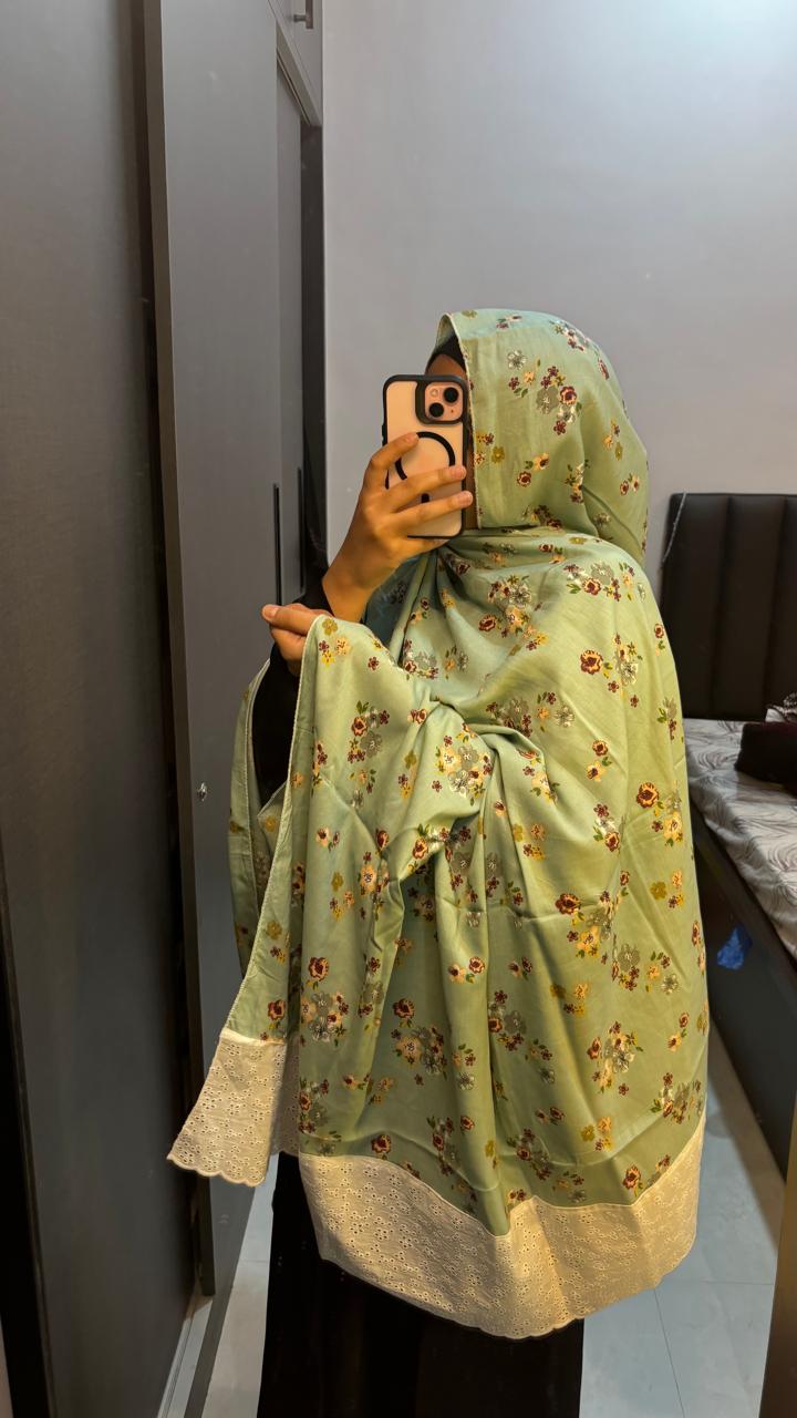 Green Floral Printed Lace Dupatta