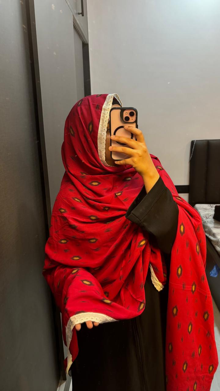 Red & Black Printed Lace Dupattas