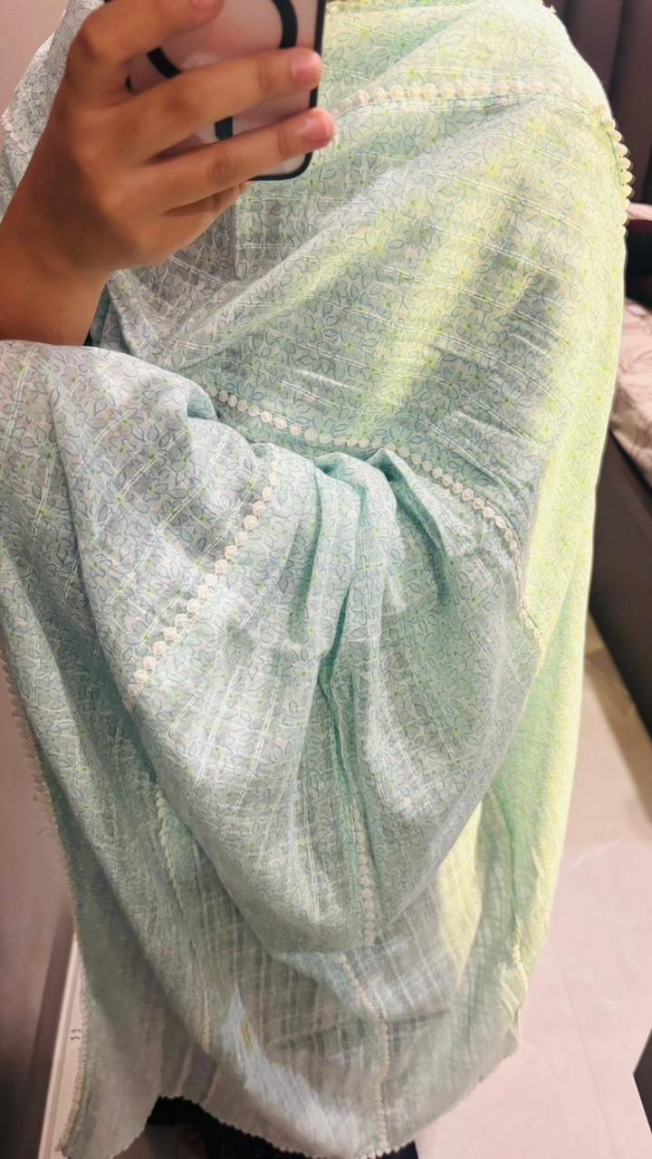 Green Minimal Printed Lace Dupatta