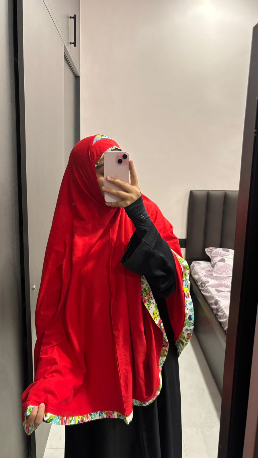 Cotton Hosiery Red Khimar with printed border