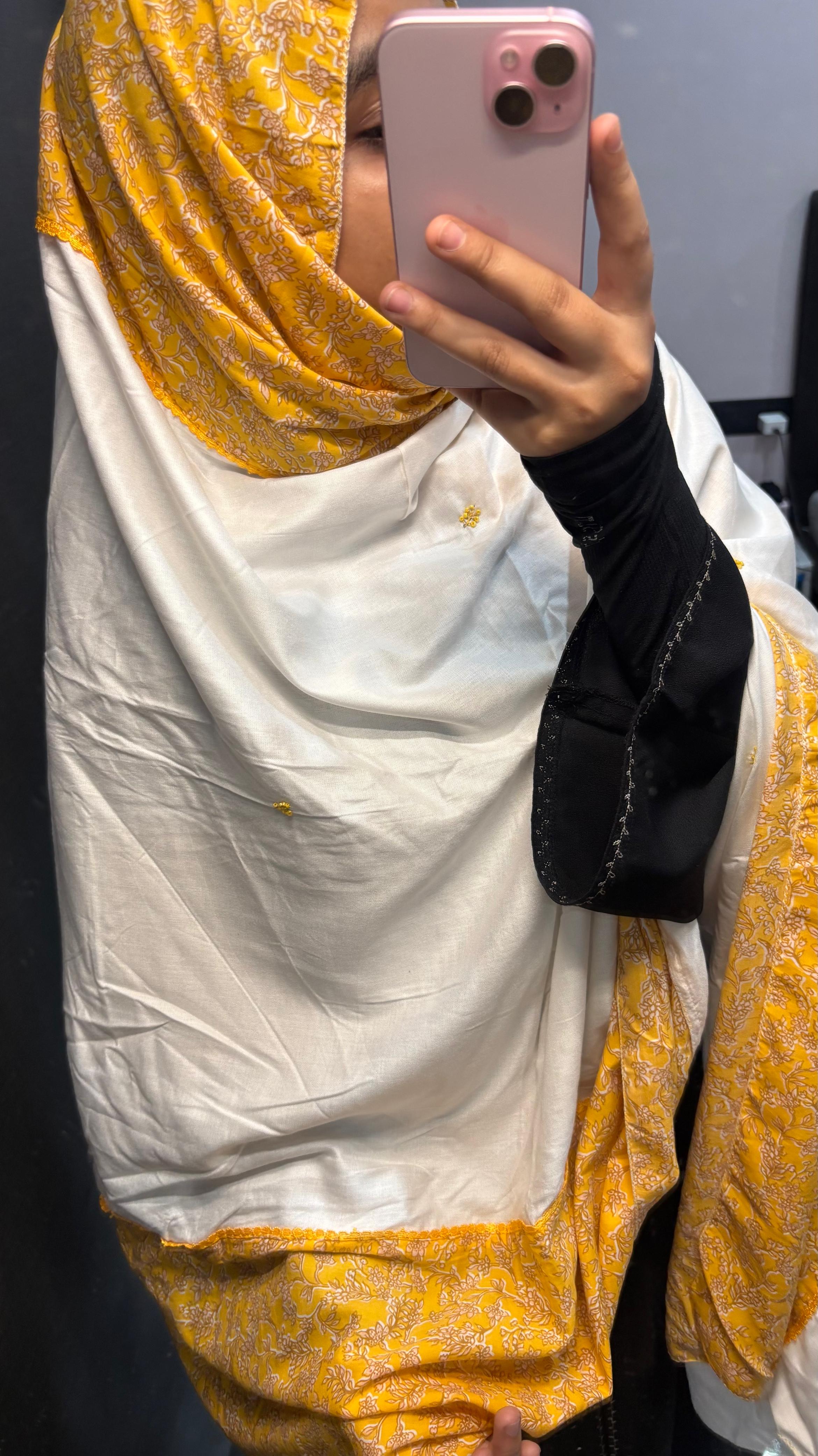 White & Yellow Designer Embroidered Soft Rayon Dupatta