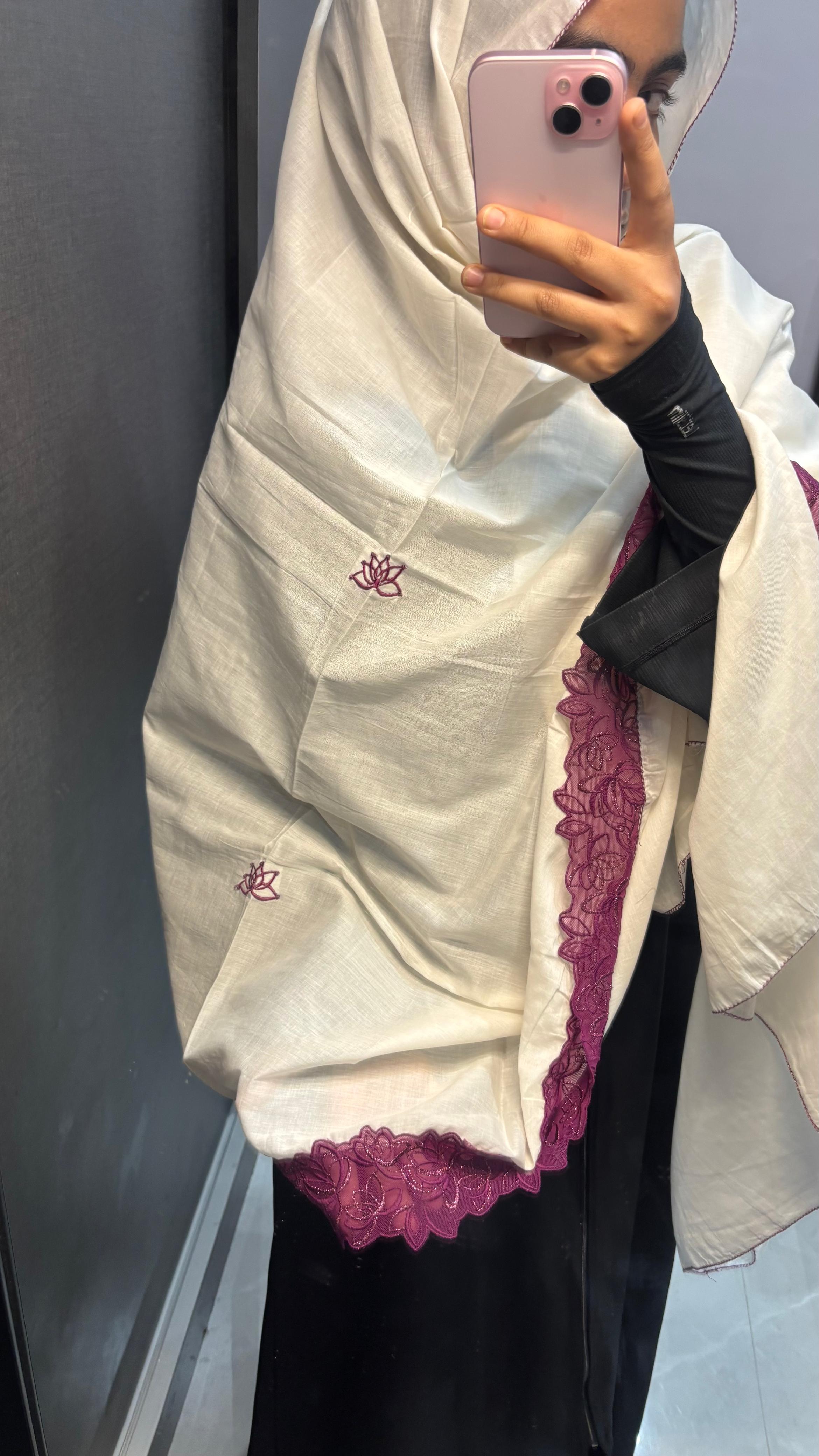 Pakistani Embroidered Dupatta, off white & Purple