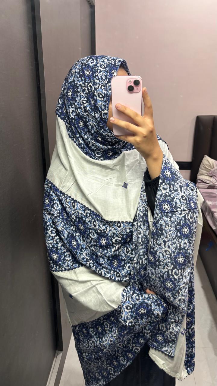 White & Printed Blue  Designer big size Chadar