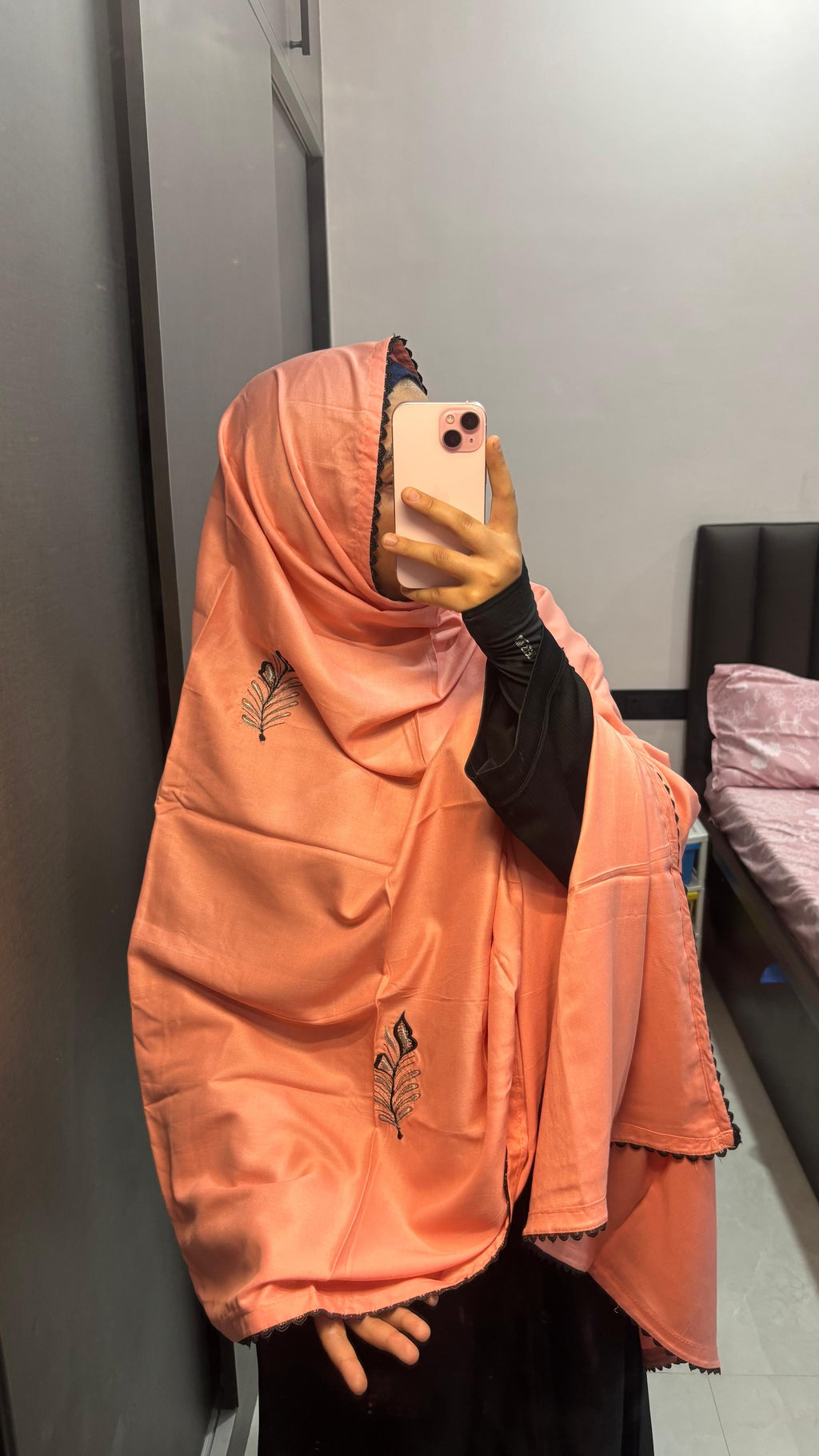 Peach Embroidered Rayon Dupatta with lace