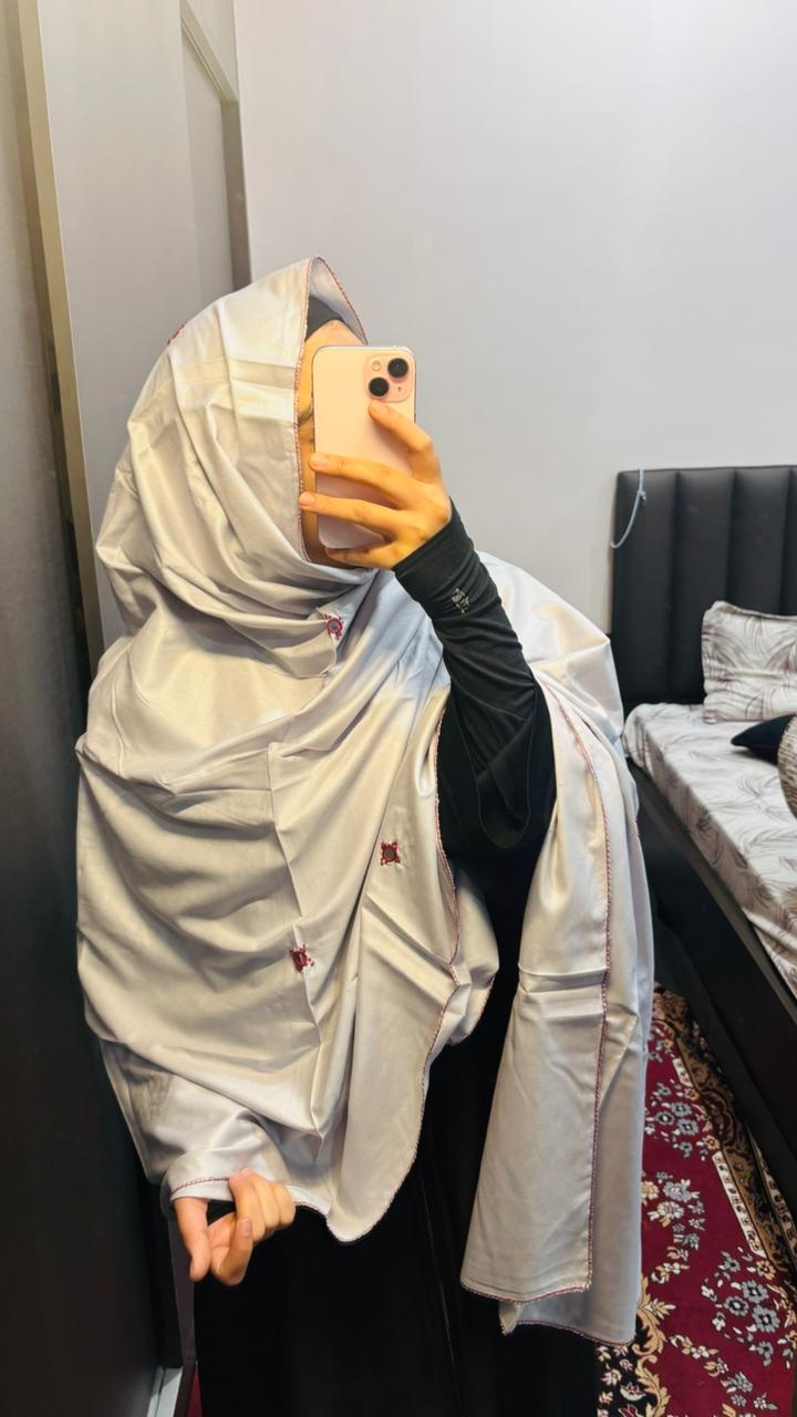 Basic Embroidered dupatta - Light Grey & Maroon