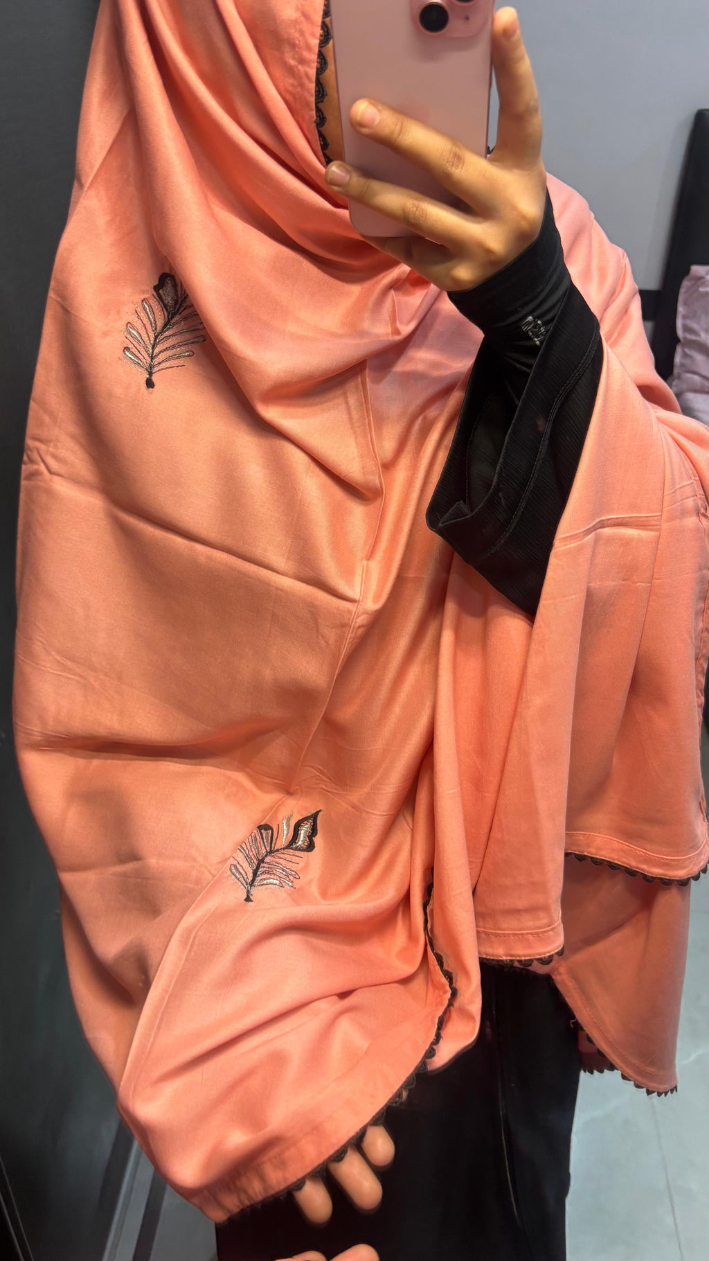 Peach Embroidered Rayon Dupatta with lace