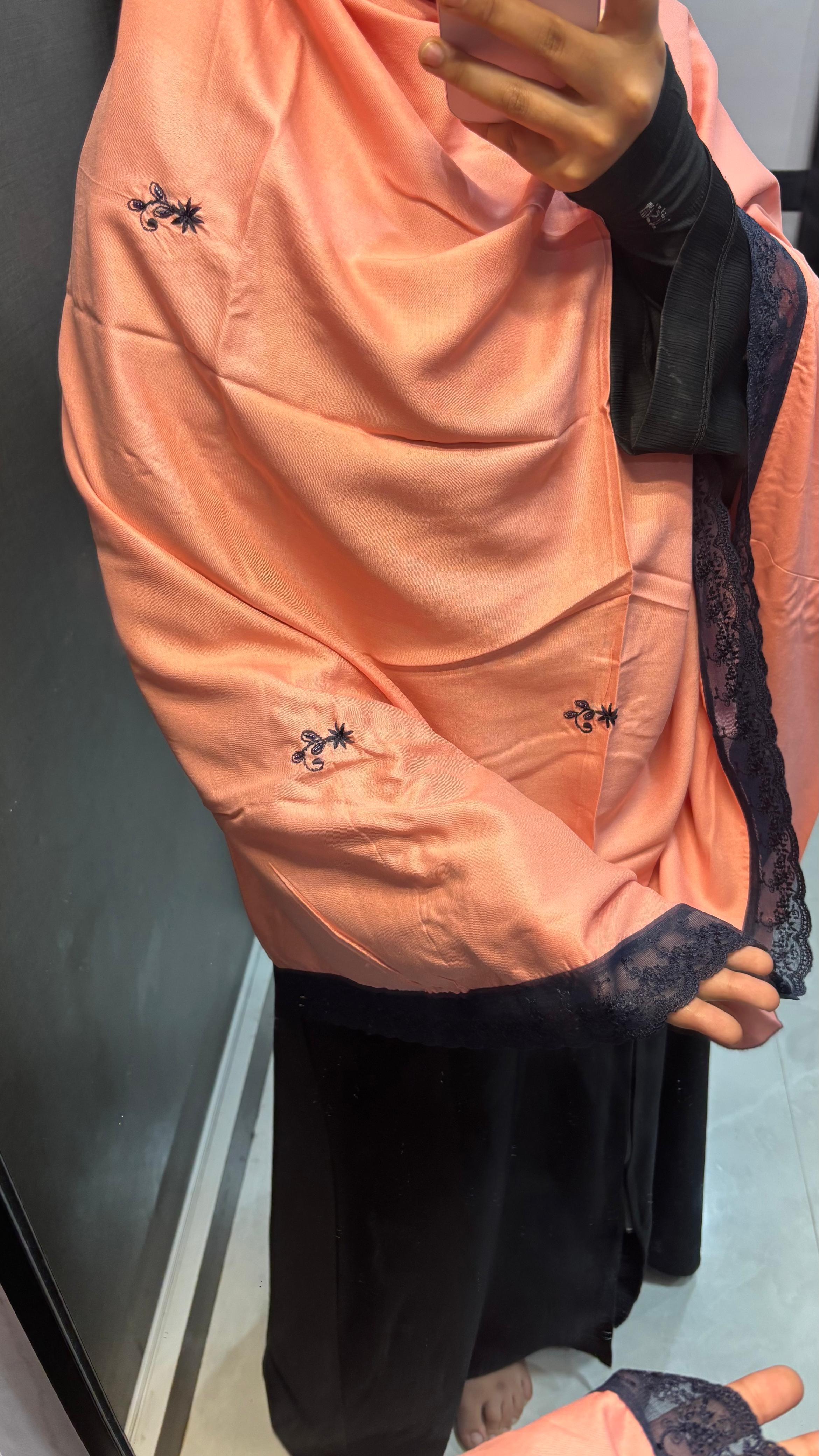 Peach Soft Rayon dupatta with Navy Blue embroidery & lace