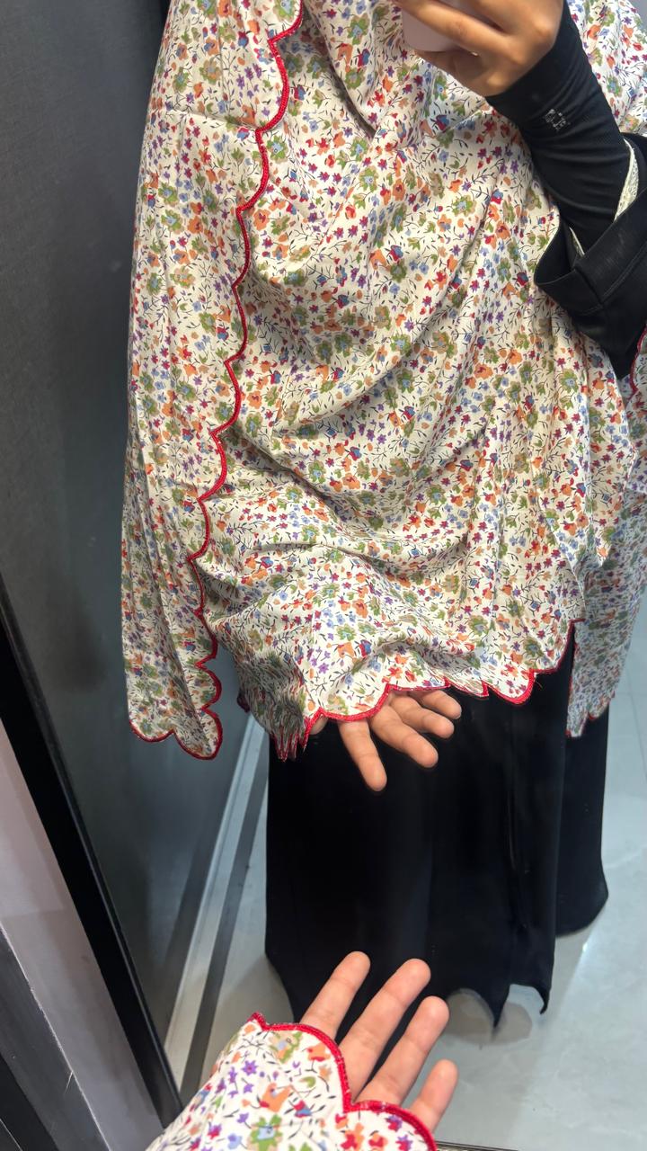 Printed Dupatta with four side Red Embroidery
