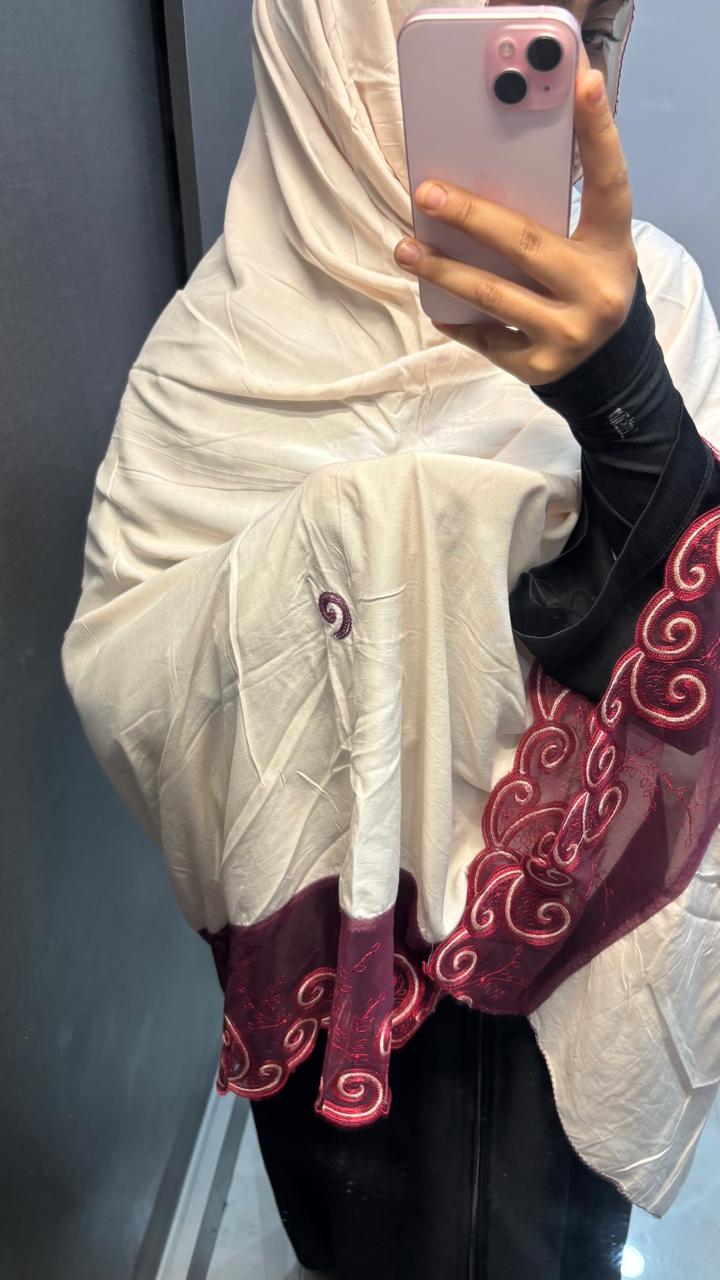 Off white and wine Rayon dupatta with matching embroidery