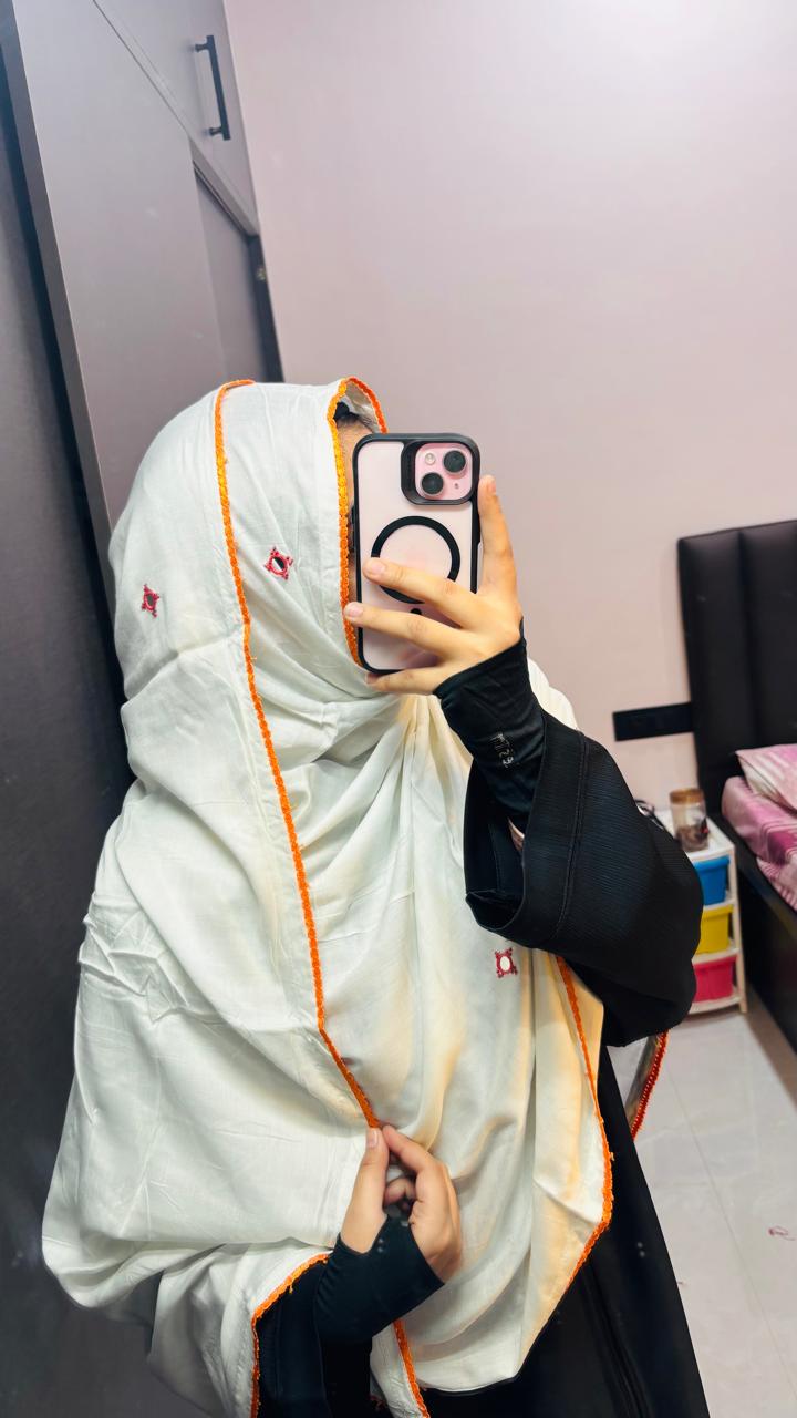 Soft Rayon Milky White dupatta with Orange lace