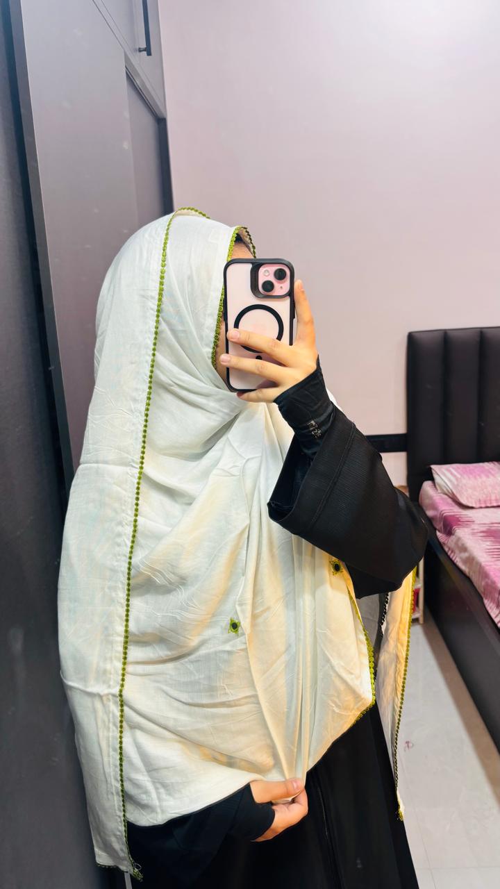 Soft Rayon Milky White dupatta with parrot Green lace