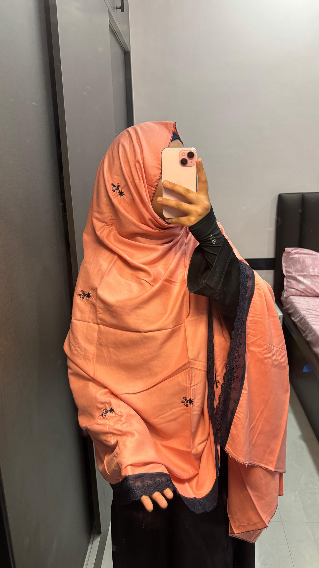 Peach Soft Rayon dupatta with Navy Blue embroidery & lace