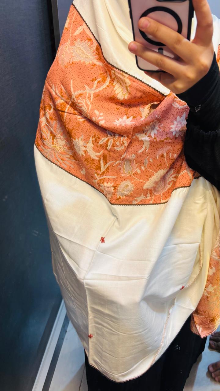 Beautiful Summer Print  white & Rust Rayon Dupatta with Lace & hand work