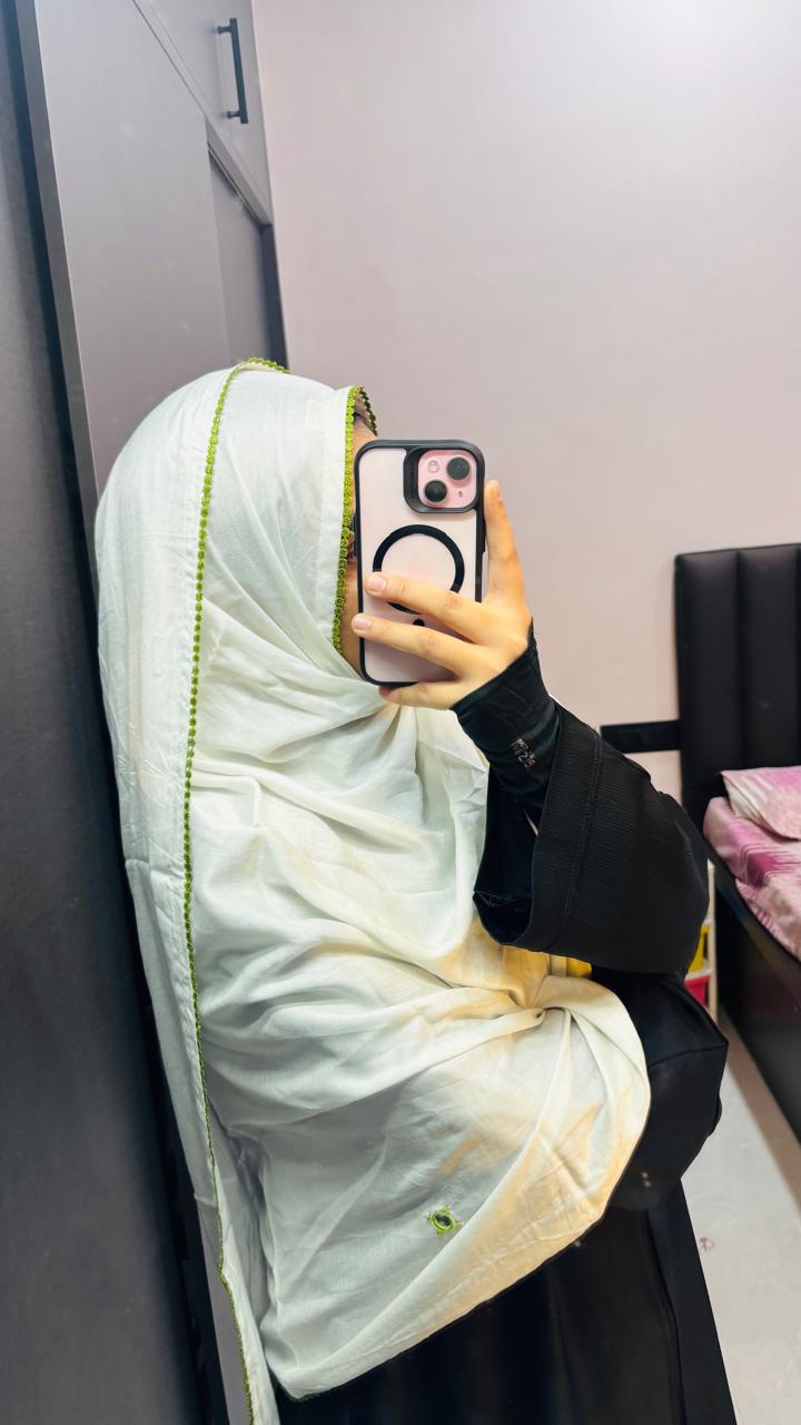 Soft Rayon Milky White dupatta with parrot Green lace