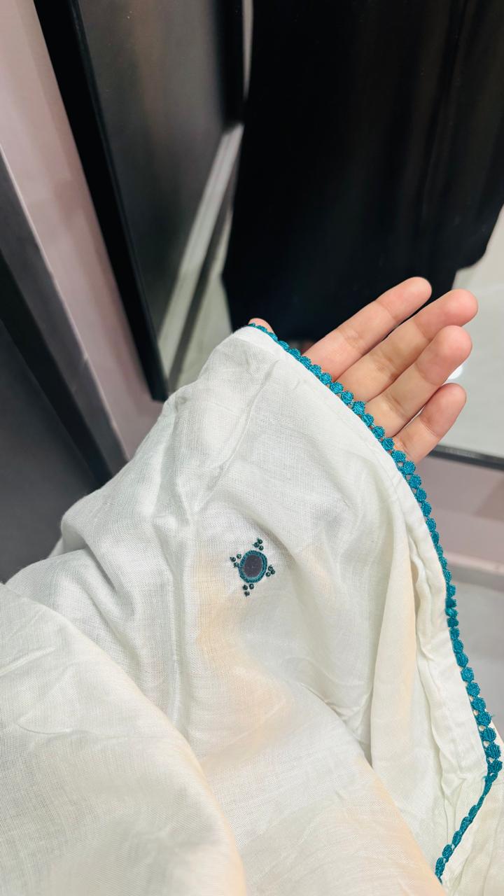 Soft Rayon Milky White dupatta with Green lace