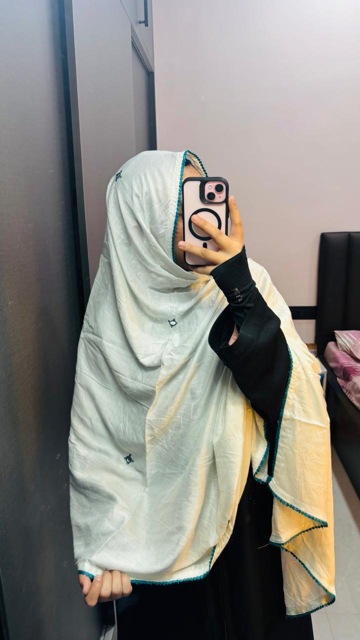 Soft Rayon Milky White dupatta with Green lace