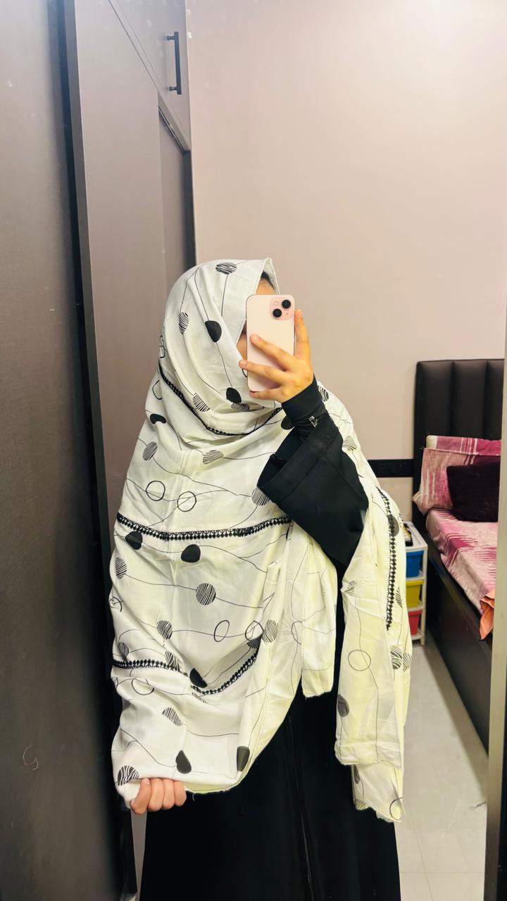 White & Black Printed Dupatta with laces