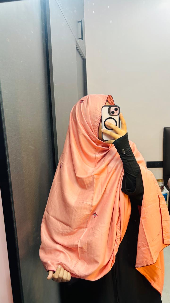Beautiful Mirror work Peach dupatta with Maroon lace
