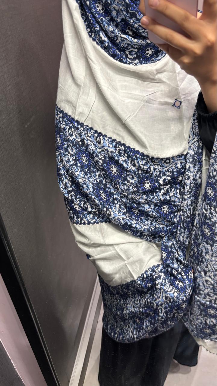 White & Printed Blue  Designer big size Chadar