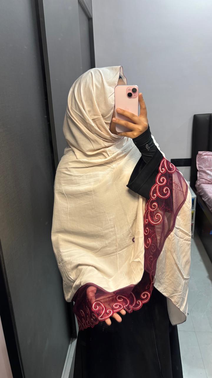 Off white and wine Rayon dupatta with matching embroidery